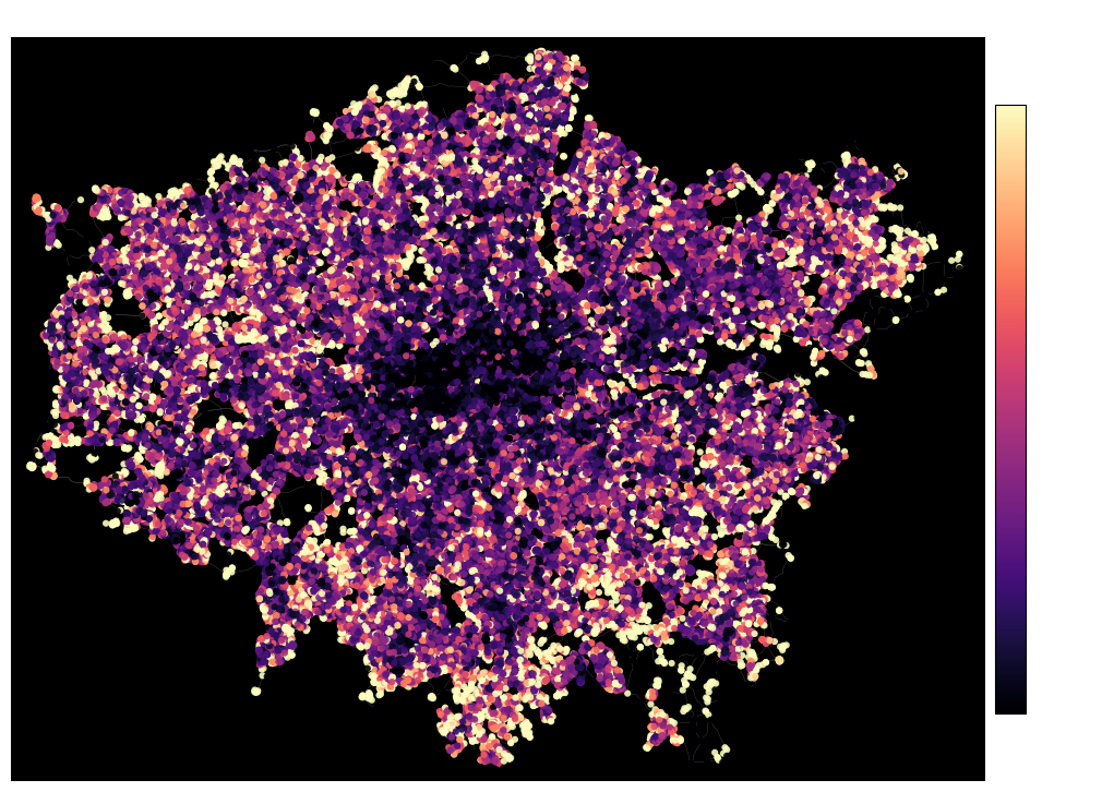 Kullback-Leibler divergence overlaid as a heatmap over a map of the city of London